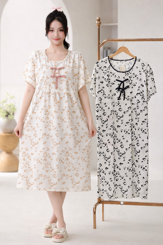 Korean Heart Print Nighty Dress for Women Wholesale | Premium Cotton Sleepwear Supplier India | Ladies Nightwear Bulk