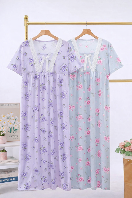 Korean Floral Lace Nighty for Women Wholesale | Premium Cotton Sleepwear Dress Supplier India | Ladies Nightwear Bulk