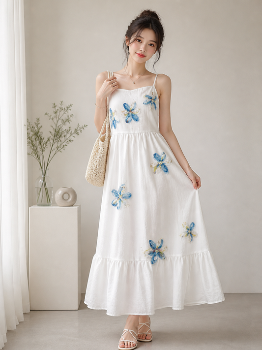 White Floral Embroidered Maxi Dress for Women | Elegant Summer Dress | Wholesale Western Wear Mumbai