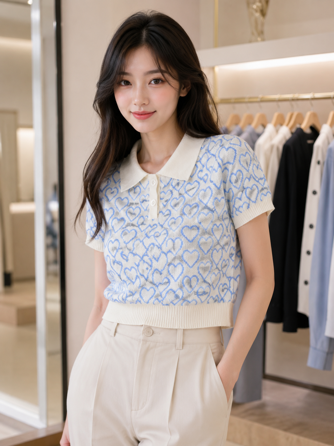Heart Pattern Collared Knit Top - Bulk Apparel Supplier India