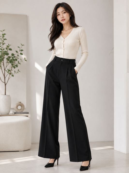High-Waist Wide-Leg Pleated Trousers - Korean Imported Clothing in India