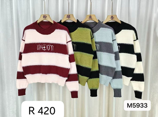 Fuzzy Striped Sweater with Embroidery – Korean Sweater Wholesale