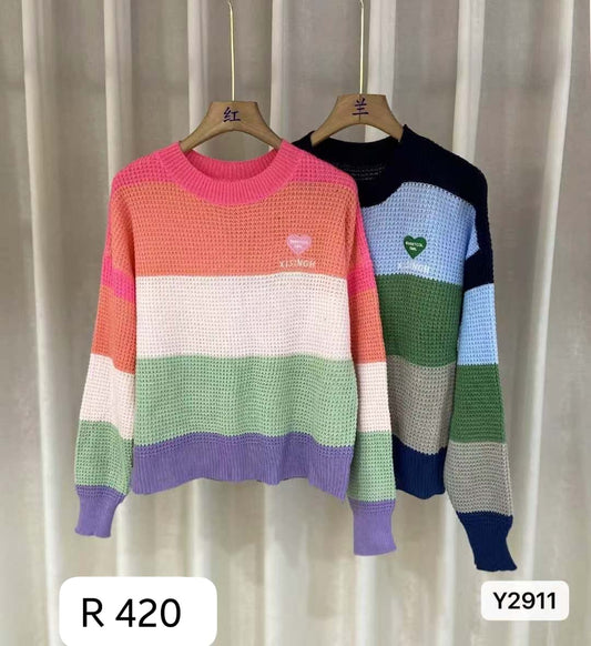 Wholesale Color block Heart Patch Knit Sweater for Women – Trendy Striped Pullover
