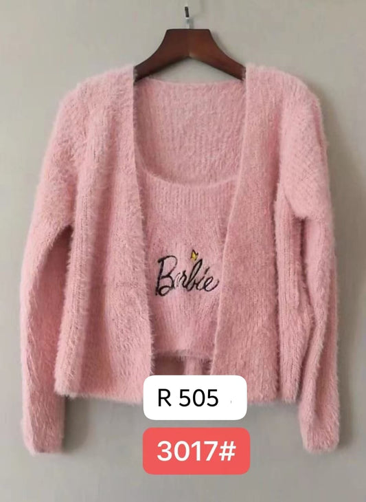 Imported China Bulk - Barbie Pink Fuzzy 2-Piece Winter Wear Cardigan & Tank Top Set Wholesale