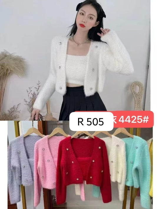 Korean Style Cropped Fuzzy 2-in-1 Sweater Set with Rhinestone Buttons - Wholesale 10-Color Pack