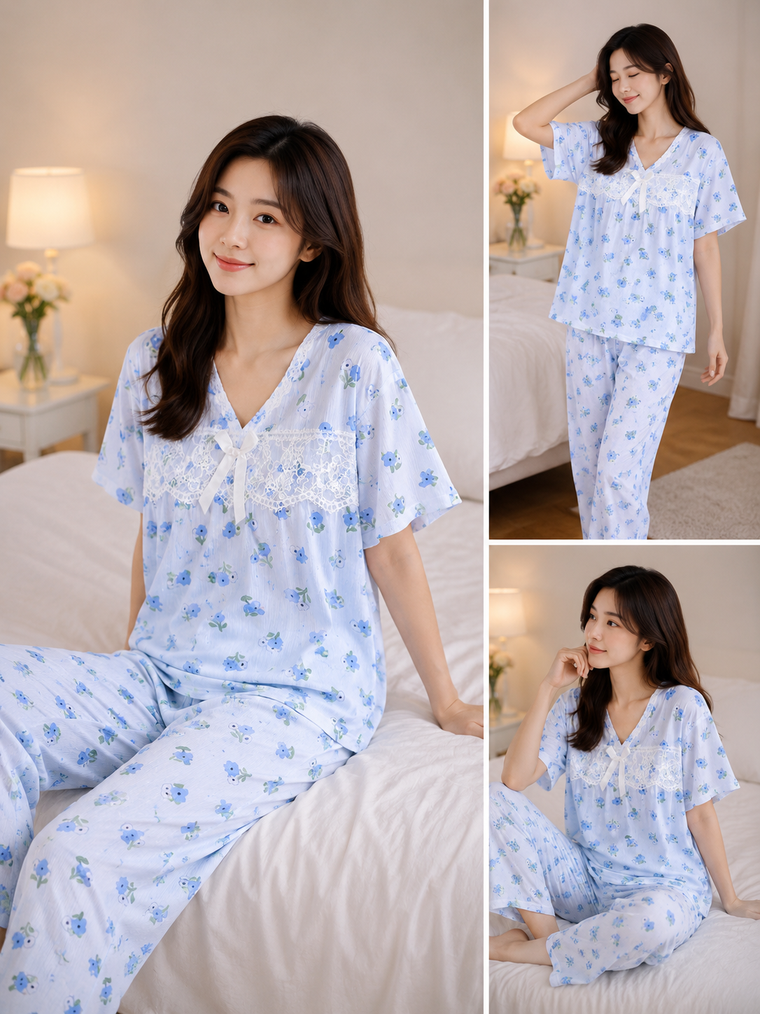 Imported Blue Floral Print Women's Night Suit Set Wholesale | Lace V-Neck Cotton Sleepwear Pajama Set