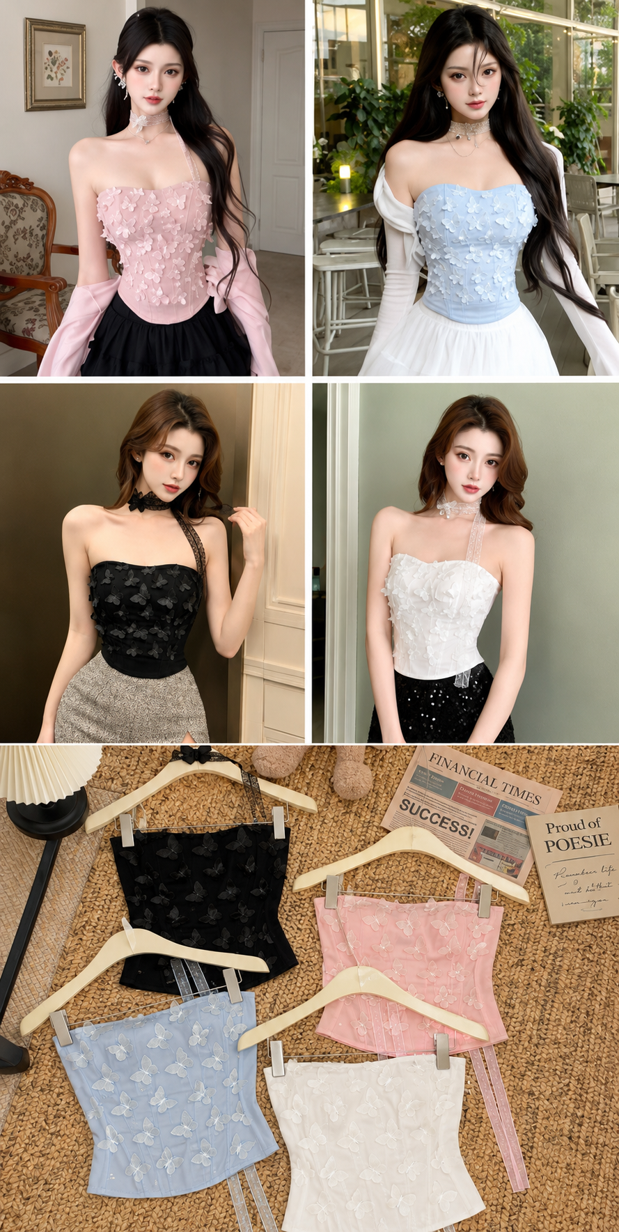 Collage of women wearing strapless tops with hangers displaying various tops below.