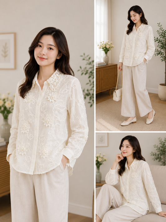 Imported Korean 3D Floral Lace White Shirt Wholesale | Premium Korean Western Wear Supplier India