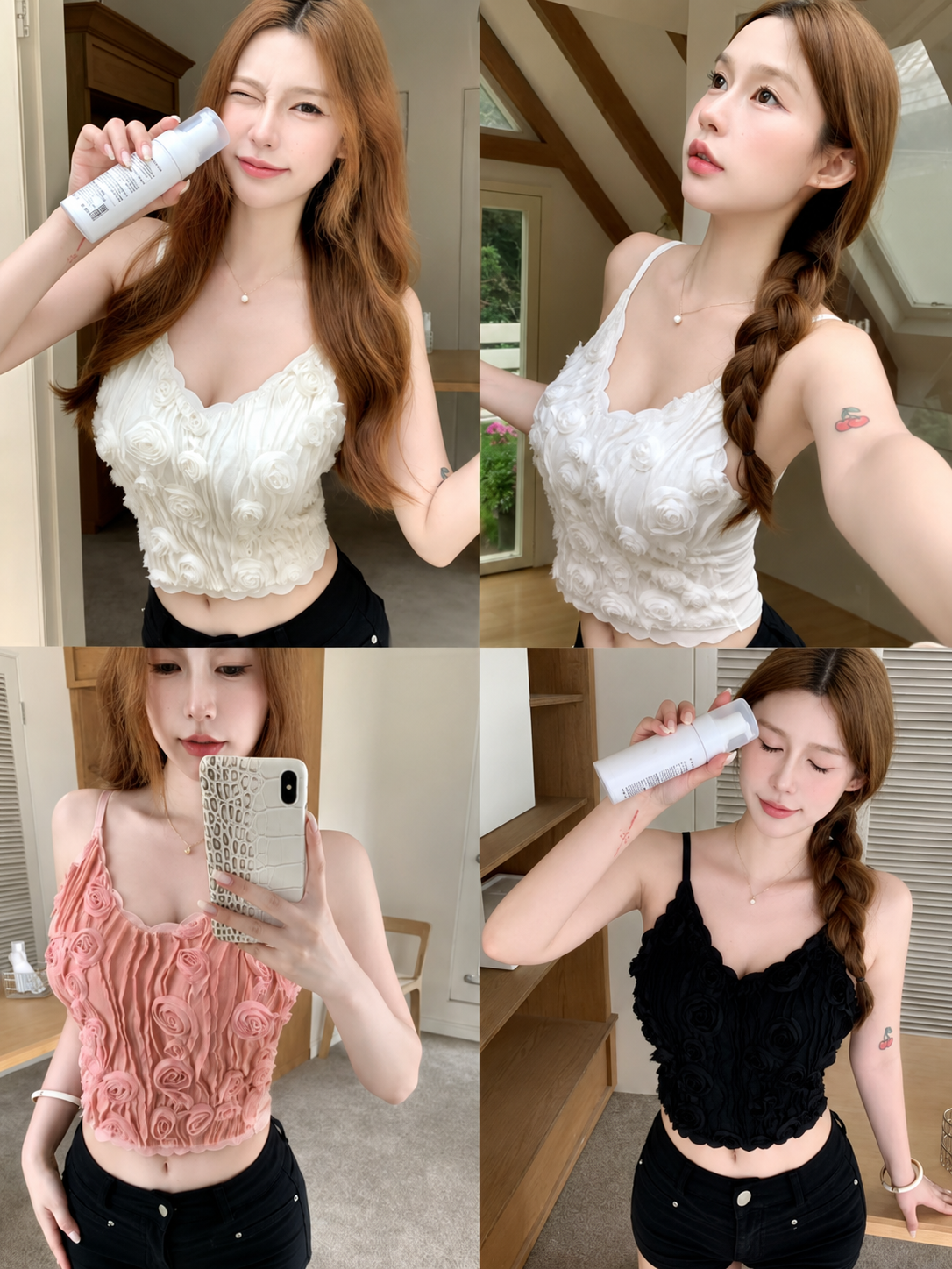 Collage of a woman in various outfits holding a bottle.