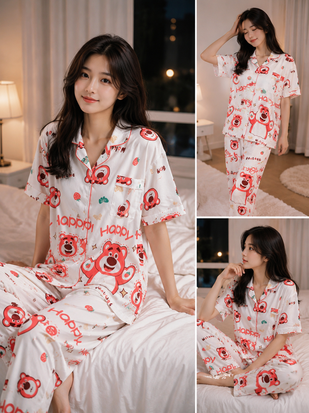 Imported Cartoon Bear Print Night Suit Set for Women Wholesale | Korean Sleepwear Pajama Set