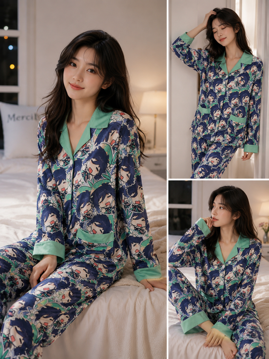 Imported Korean Cartoon Print Night Suit Set Wholesale | Premium Korean Satin Sleepwear Supplier India