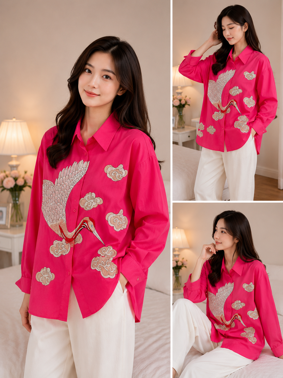Imported Korean Crane Embroidery Oversized Shirt for Women Wholesale | Premium Korean Western Wear Supplier India