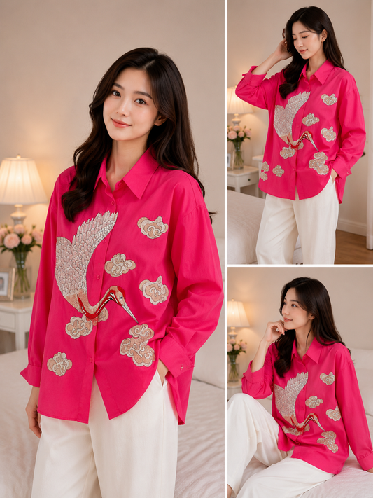 Imported Korean Crane Embroidery Oversized Shirt for Women Wholesale | Premium Korean Western Wear Supplier India