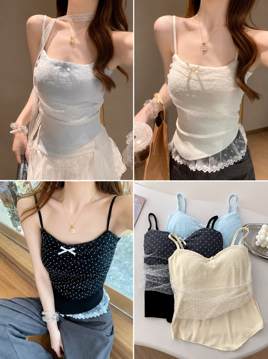 Collage of women wearing various lace-trimmed tops with different color options.