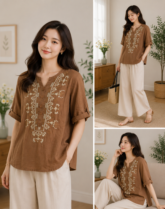 Imported Korean Embroidered Brown Cotton Top Wholesale | Korean Western Wear Supplier India