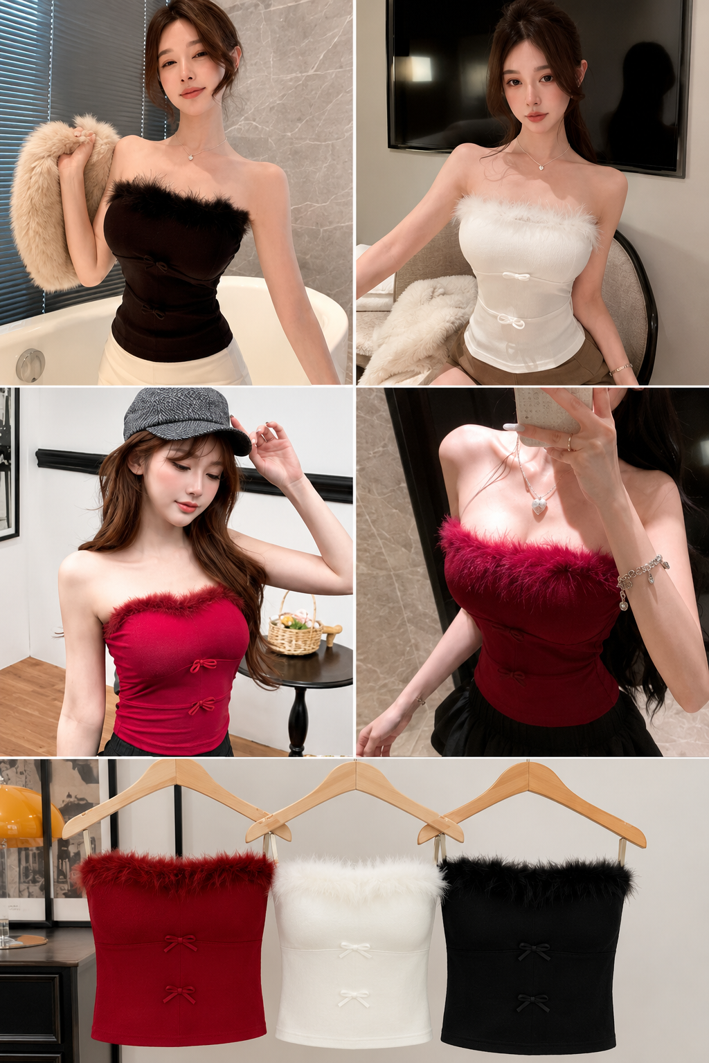 Collage of a woman wearing a strapless top with fur trim in various colors.