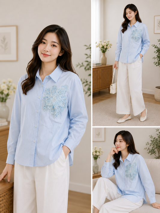 Imported Korean Floral Lace Applique Sky Blue Shirt Wholesale | Premium Korean Western Wear Supplier India