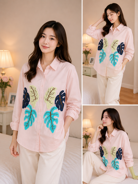Imported Korean Leaf Embroidery Oversized Shirt Wholesale | Korean Western Wear Supplier India