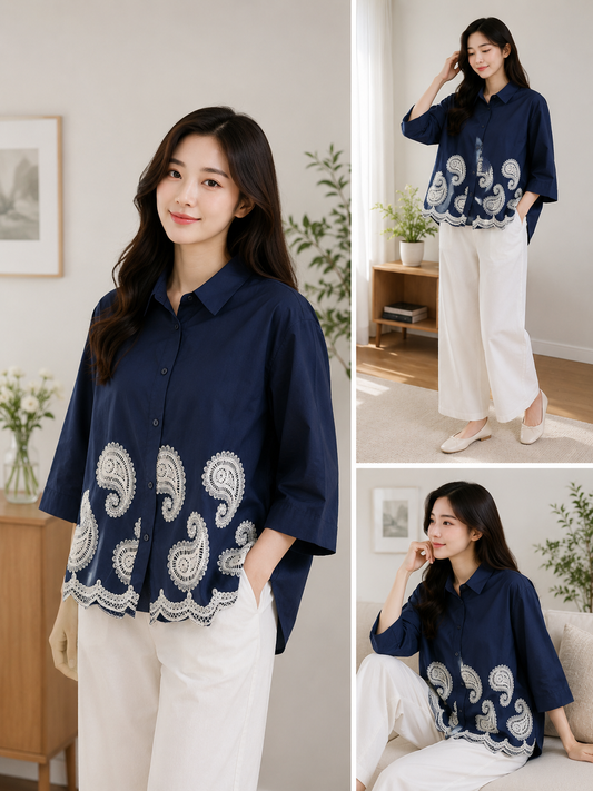 Imported Korean Paisley Embroidered Navy Blue Shirt Wholesale | Premium Korean Western Wear Supplier India