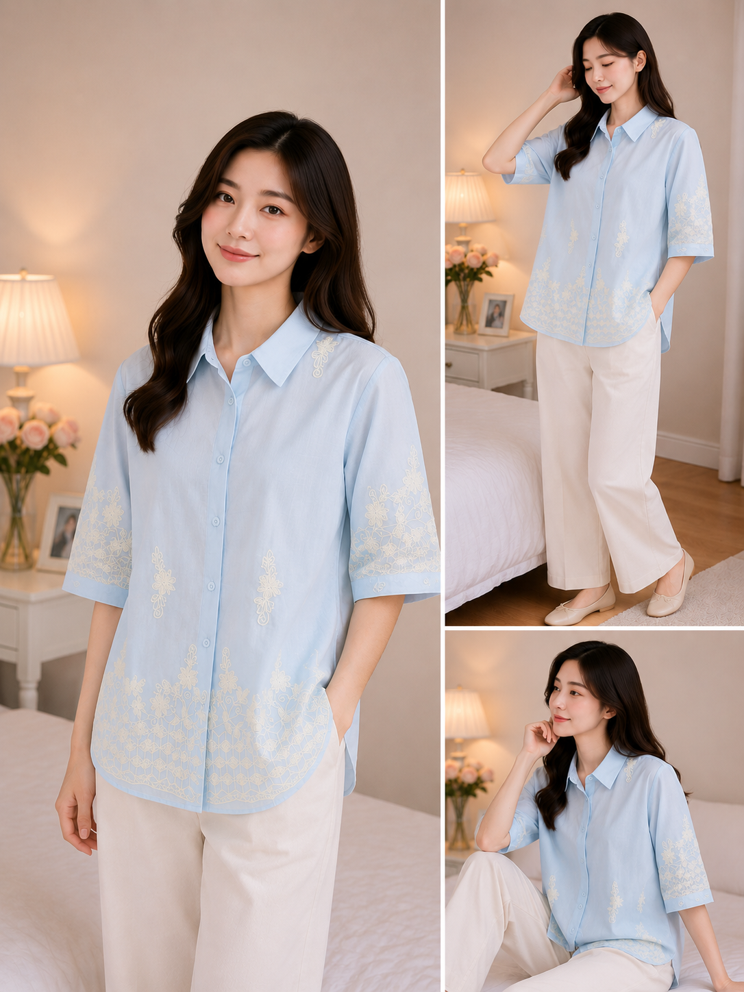 Imported Korean Pastel Blue Embroidered Shirt Wholesale | Premium Korean Western Wear Supplier India
