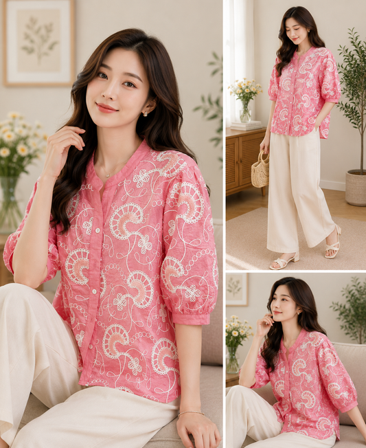 Imported Korean Pink Embroidered Cotton Shirt Wholesale | Premium Korean Western Wear Supplier India