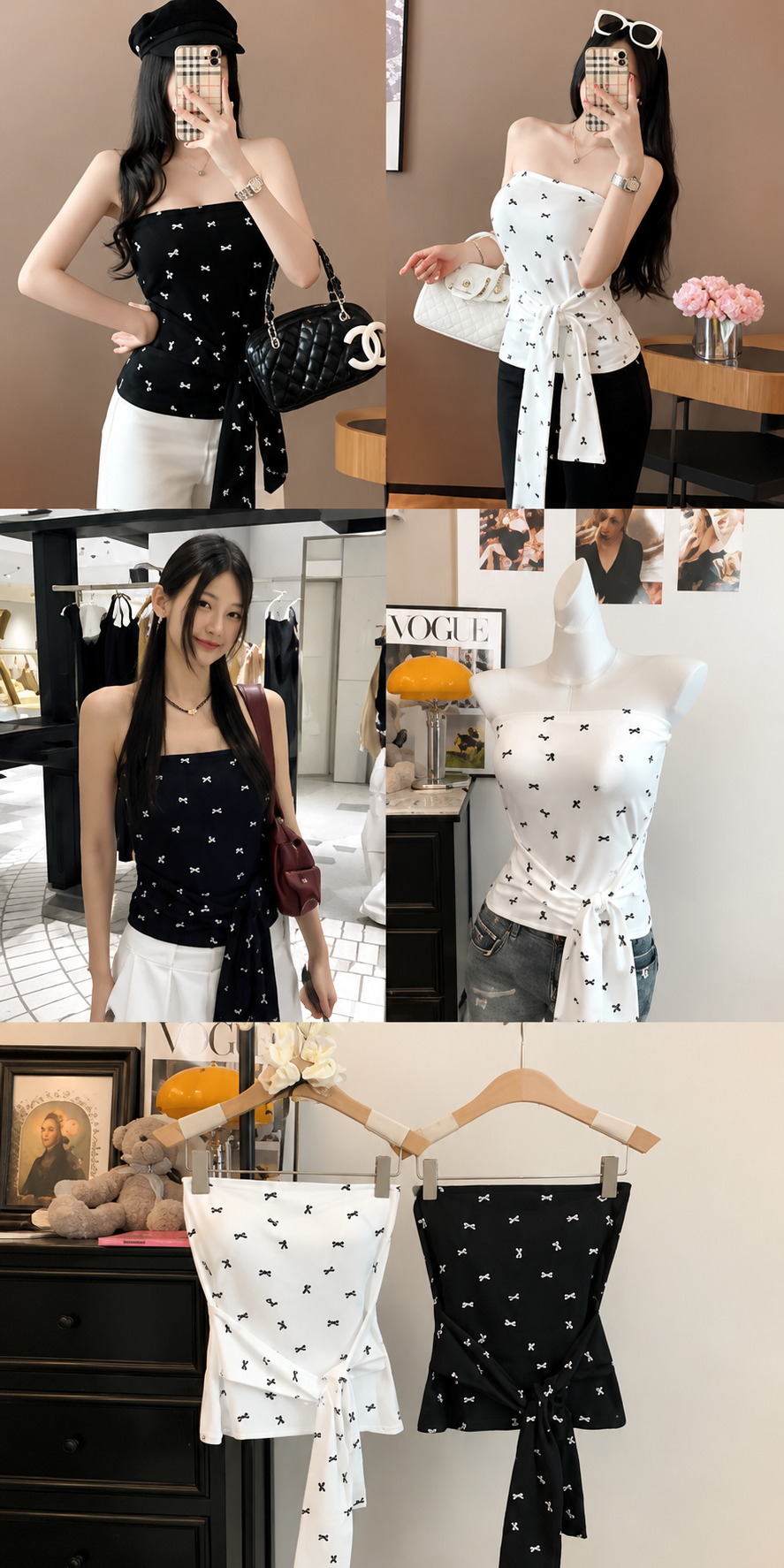 Black and white strapless top with star pattern worn by a model, displayed on a hanger, and shown in various settings.