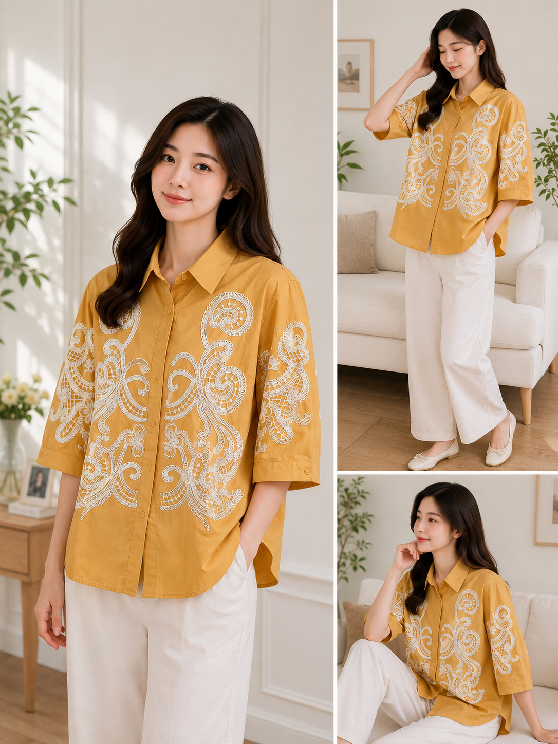 Imported Korean White Lace Embroidered Mustard Shirt Wholesale | Premium Korean Western Wear Supplier India