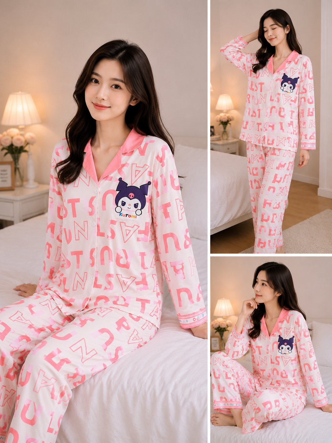 Imported Kuromi Printed Women's Night Suit Set Wholesale | Full Sleeve Pajama Set for Ladies