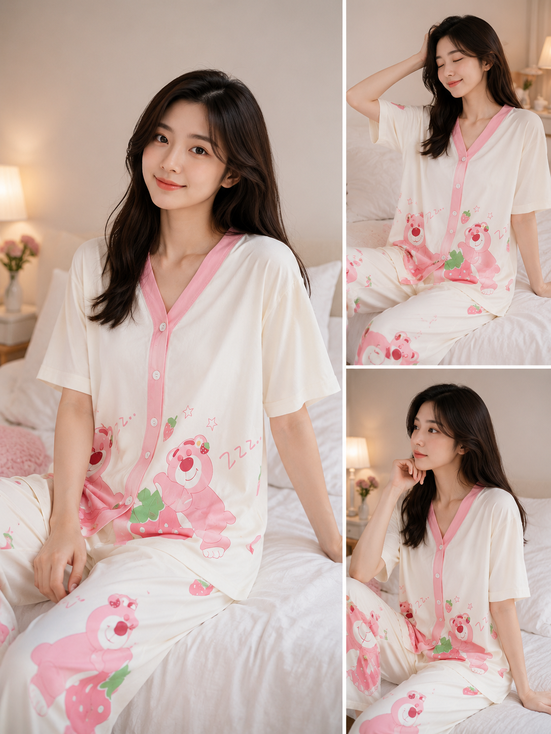 Imported Pink Teddy Bear Print Women's Night Suit Set Wholesale | Korean Pajama Co-Ord Sleepwear