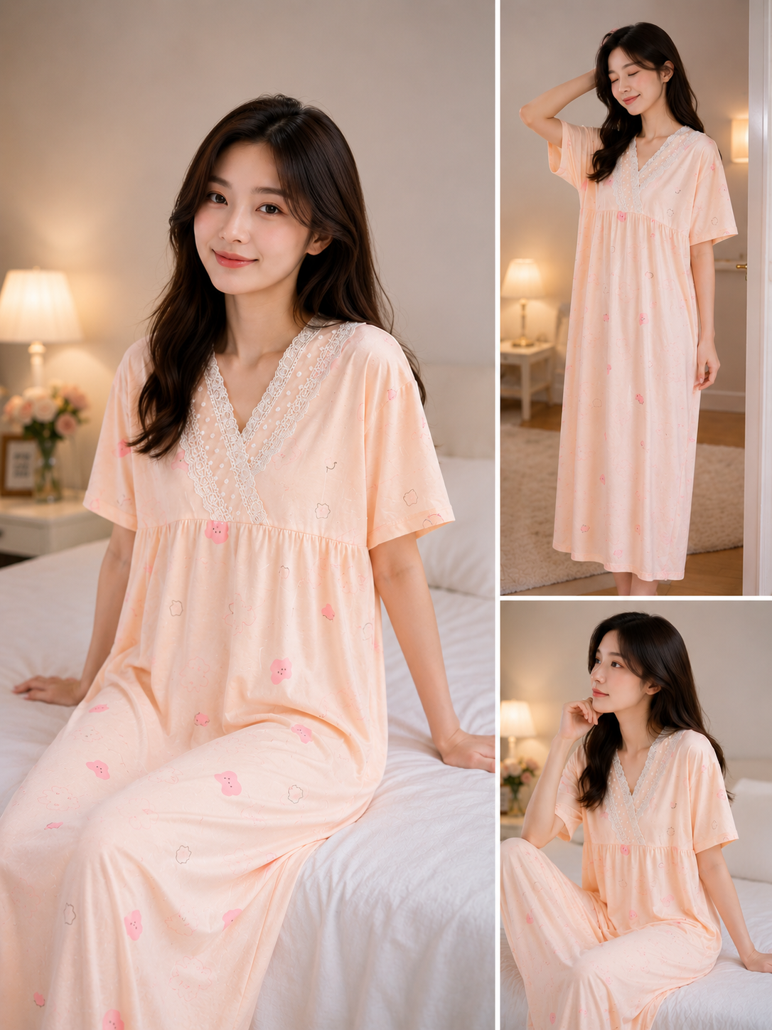Imported Women's Peach Lace V-Neck Nighty Wholesale | Korean Style Soft Cotton Sleepwear Gown