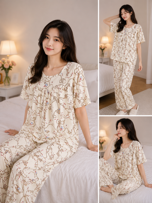 Imported Women's Printed Night Suit Set Wholesale | Premium Round Neck Lounge Wear Pajama Set