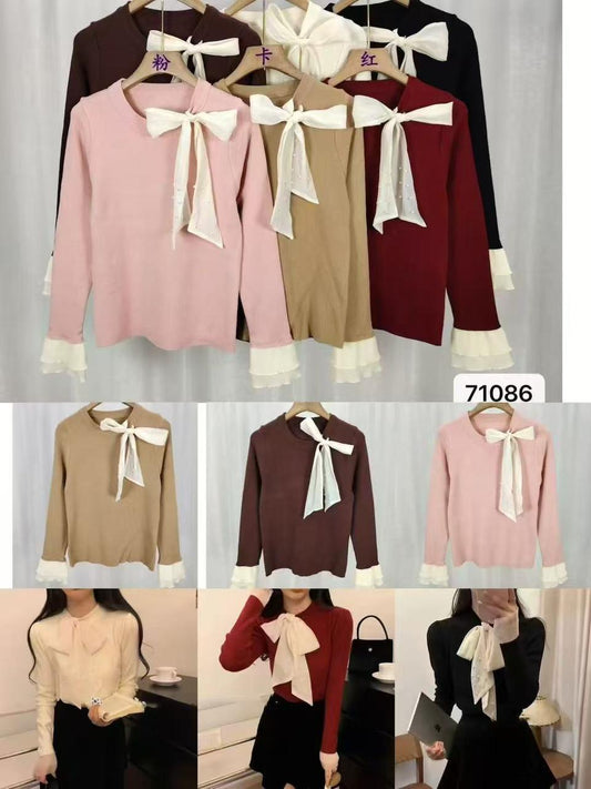 Bow-neck long-sleeve knit tops in pink, beige, maroon, black—soft, feminine, party-friendly layers.