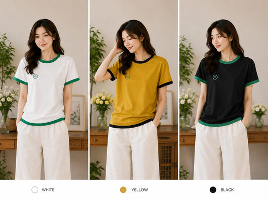 Korean Contrast Trim Cotton T-Shirt for Women | Imported Western Wear Wholesale Supplier India