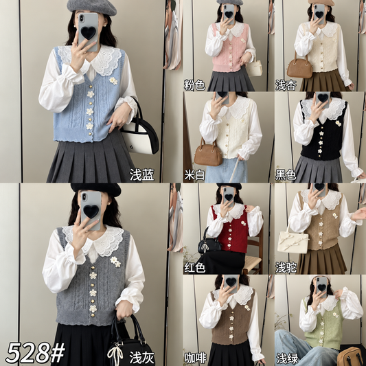 Korean Floral Cable Knit Vest with Lace Collar & Bow Shirt – Women’s Winter Wear Wholesale