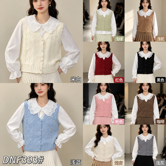 Korean Pearl Detail Knit Sweater Vest with Lace Collar Shirt – Women’s Winter Wear Wholesale
