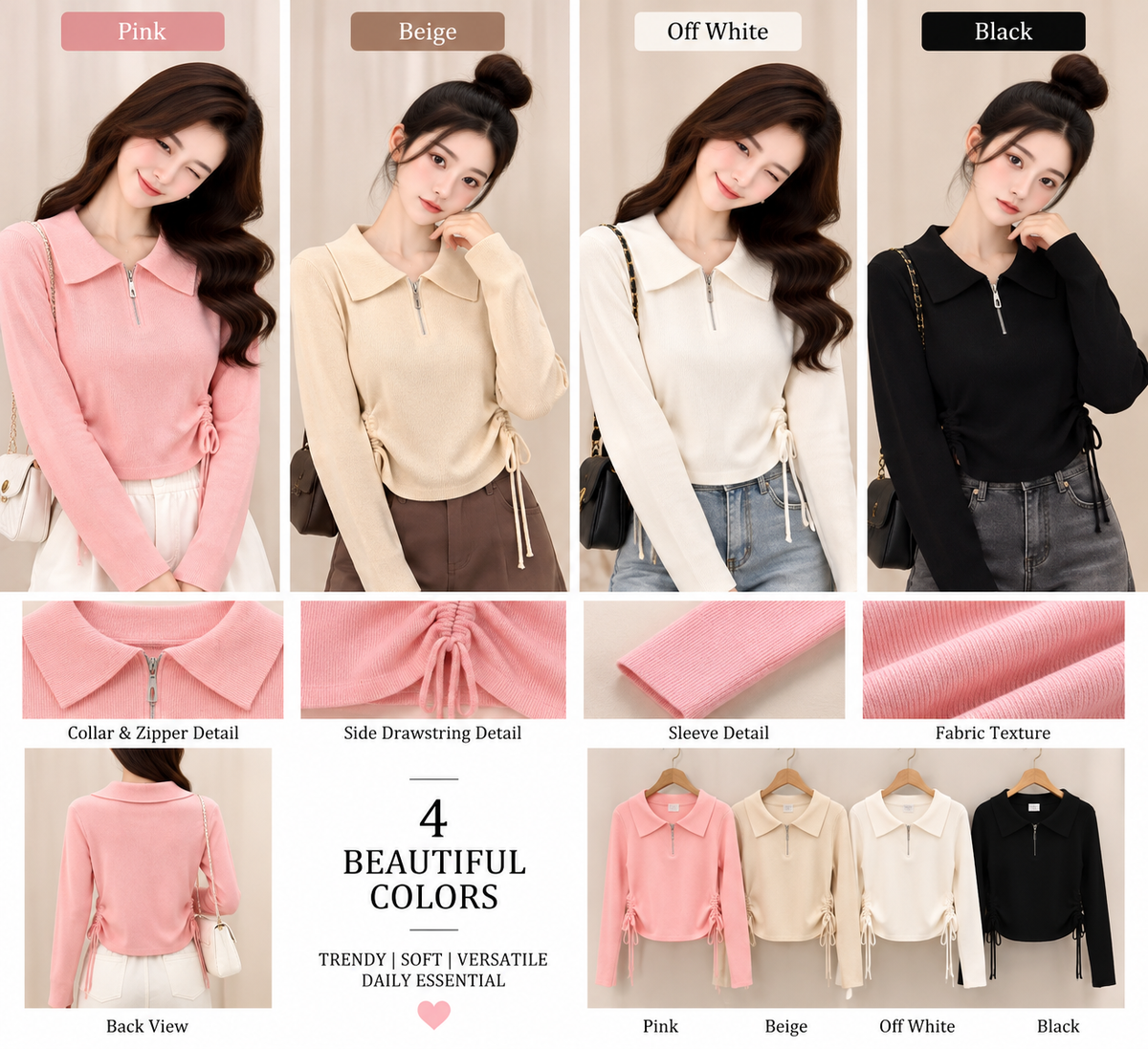 Korean Ruched Collared Half-Zip Knit Top - B2B Western Wear Wholesale