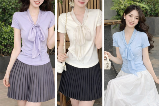 Imported Korean Knit Bow Neck Top for Women | Short Sleeve Western Top | Wholesale Korean Tops Supplier India – Zadine Fashion