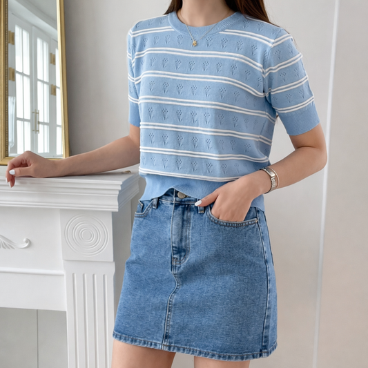 Imported Korean Knitted T-Shirt for Women | Striped Knit Top | Wholesale Western Wear Supplier India – Zadine Fashion