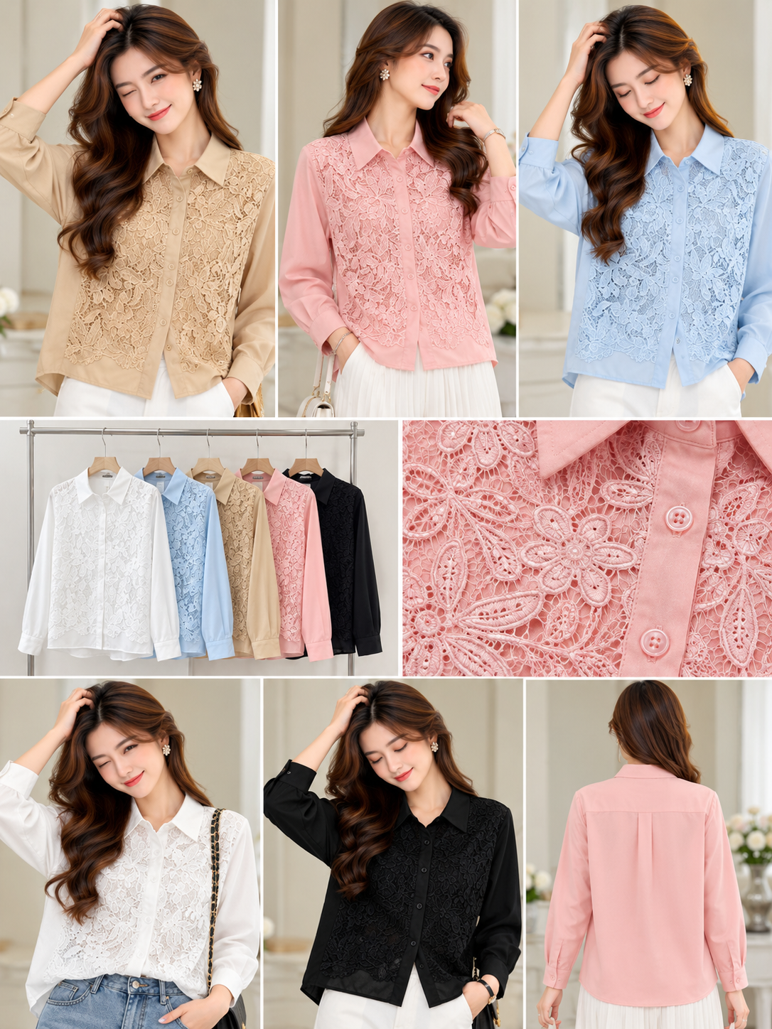 Beige Pink Blue White Black Floral Lace Panel Shirt wholesale front and colours