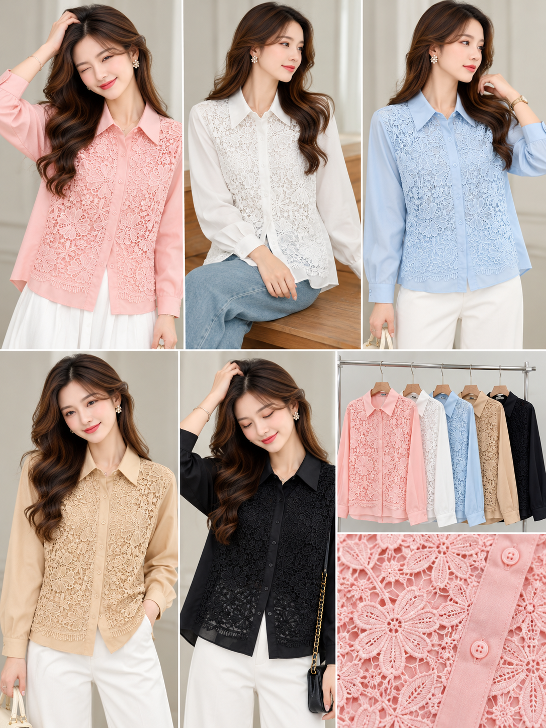 Pink White Blue Beige Black Floral Lace Front Shirt wholesale front and colours