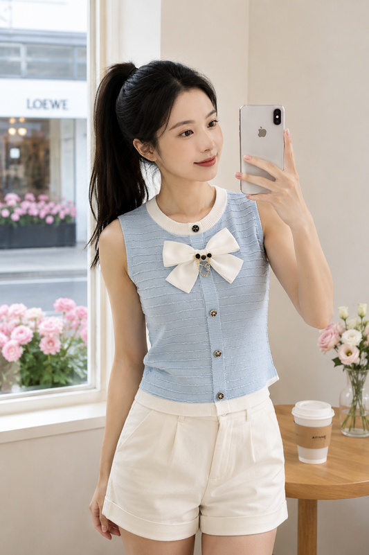 Light Blue Bow Knit Top - Korean Wholesale Supplier India