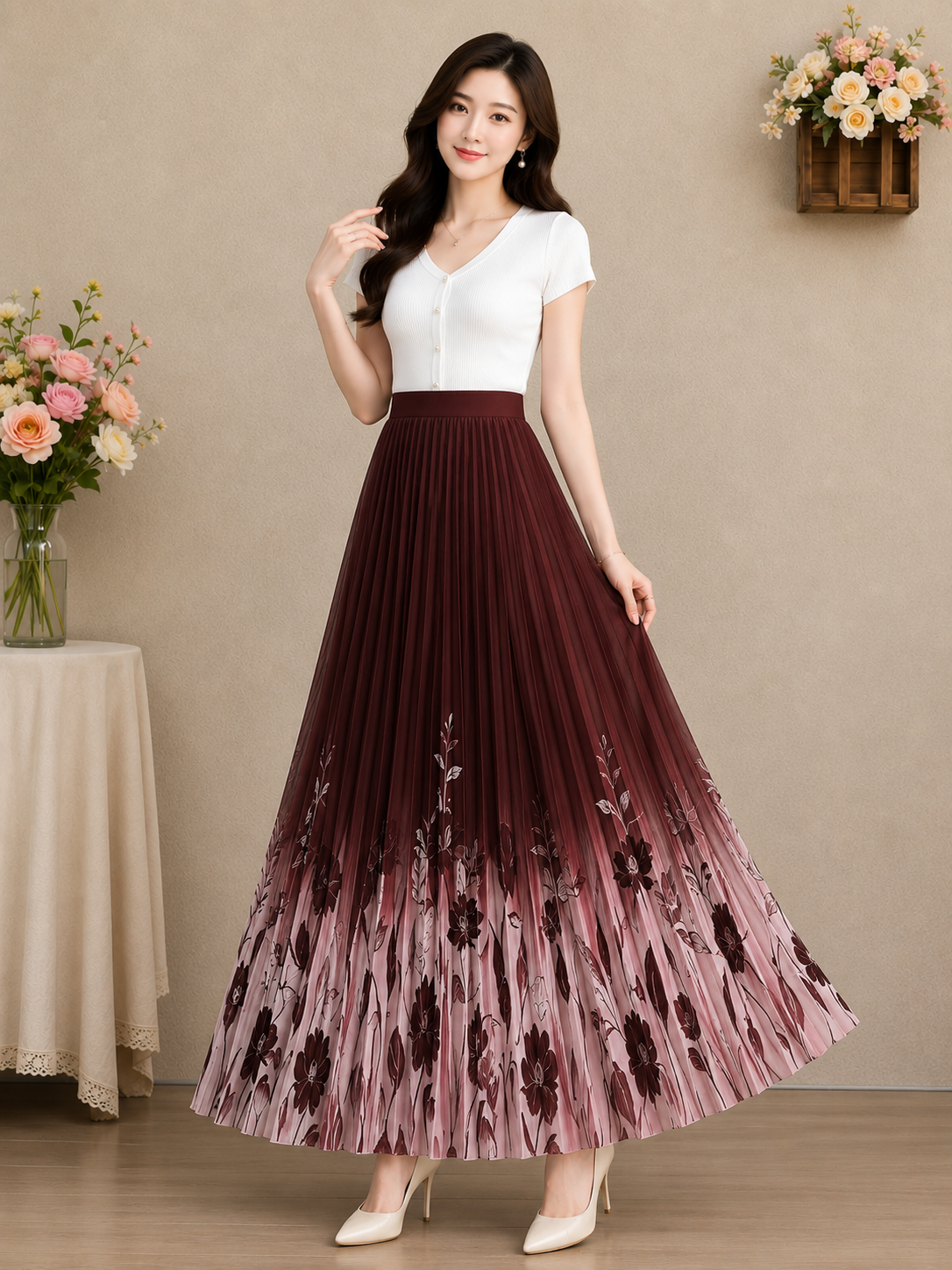 Maroon Floral Ombré Pleated Maxi Skirt - Korean Wholesale Supplier India