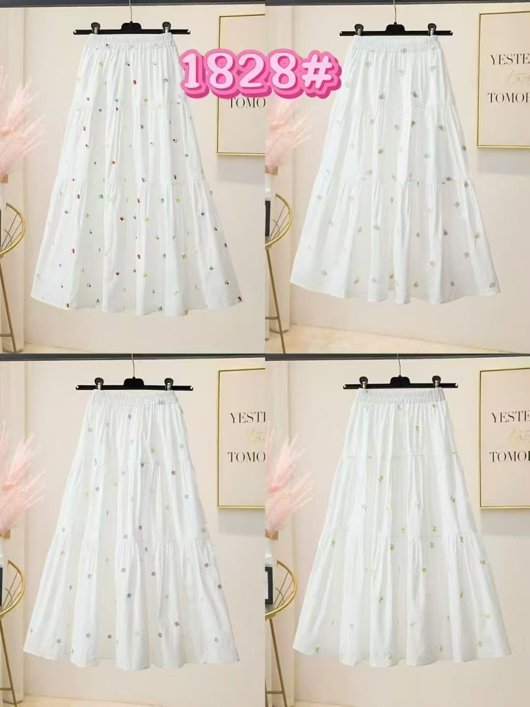 A four-panel collage showing the same white pleated skirt from different angles, hanging against an indoor wall. The skirt has a small scattered floral print in muted pink, green, and yellow.