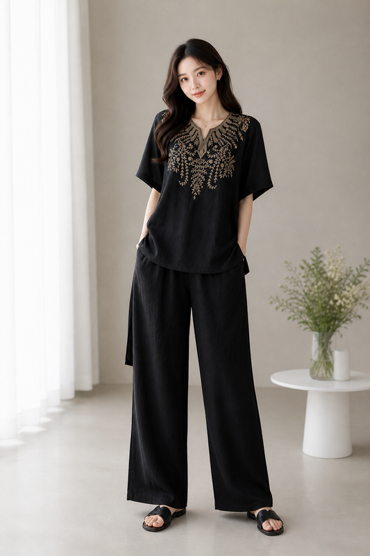 Black Embroidered Co-Ord Set for Women | Loose Fit Top & Palazzo | Wholesale Western Wear Mumbai