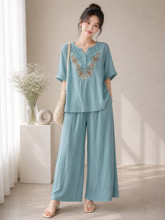 Pastel Blue Embroidered Co-Ord Set for Women | Loose Fit Cotton Coord Set | Wholesale Western Wear Mumbai