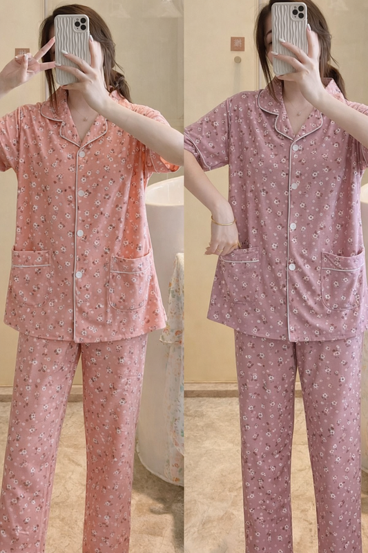 Korean Floral Button Night Suit for Women Wholesale | Premium Cotton Pajama Set Supplier India | Ladies Nightwear Bulk