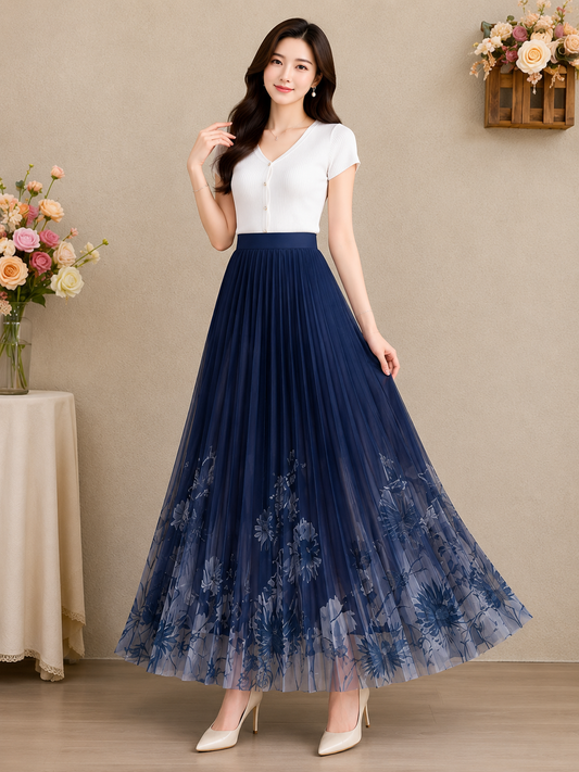 Navy Floral Hem Pleated Chiffon Maxi Skirt - Korean Wholesale Supplier India