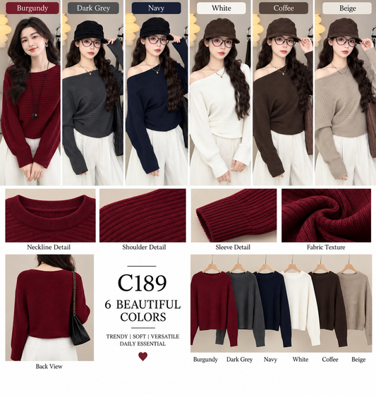 Off-Shoulder Ribbed Knit Sweater - Korean Wholesale Supplier India