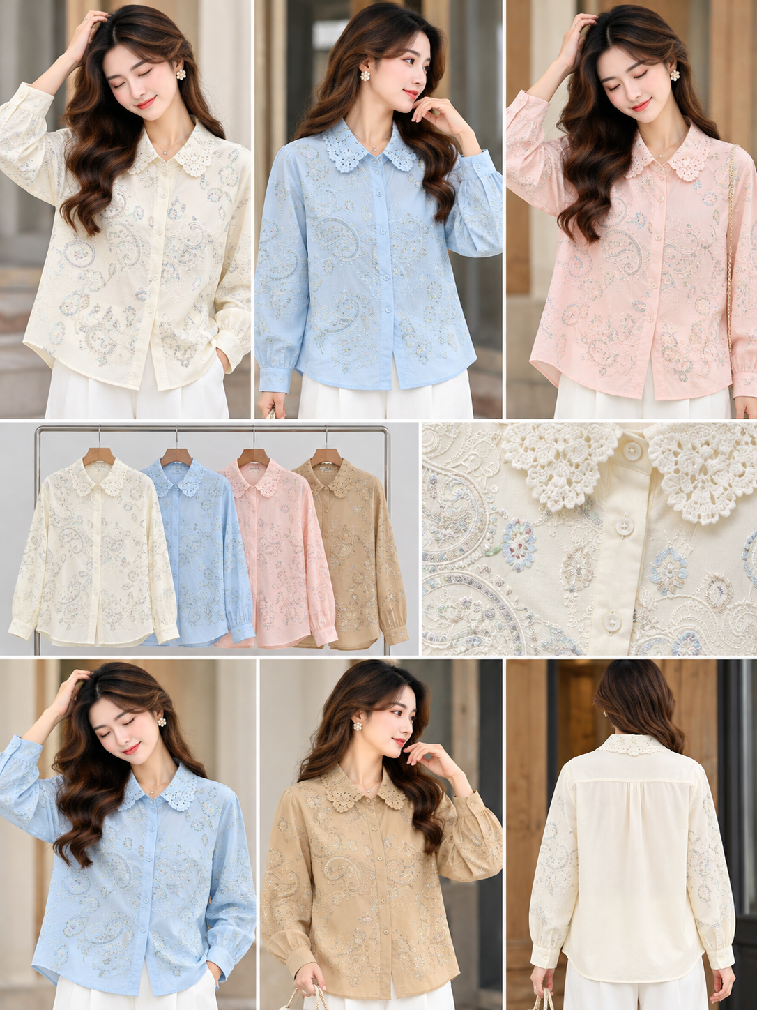 Ivory Blue Pink Beige Paisley Embroidered Lace Collar Shirt wholesale front and colours