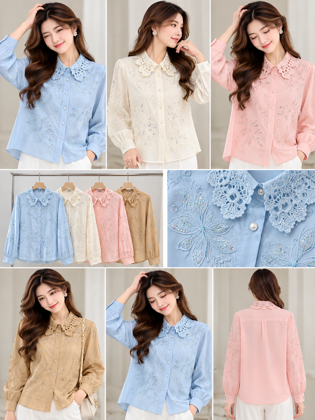 Blue Ivory Pink Beige Floral Lace Collar Shirt wholesale front and colours
